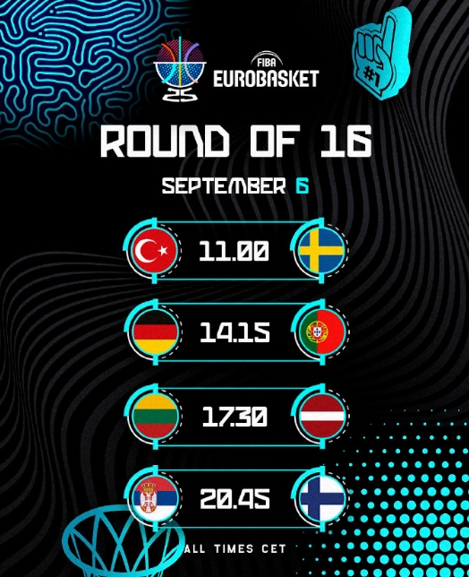 赛程信息-欧锦赛淘汰赛启幕：土耳其与德国豪取五连胜，瓦兰丘纳斯对决波尔津吉斯，约基奇迎战马尔卡宁